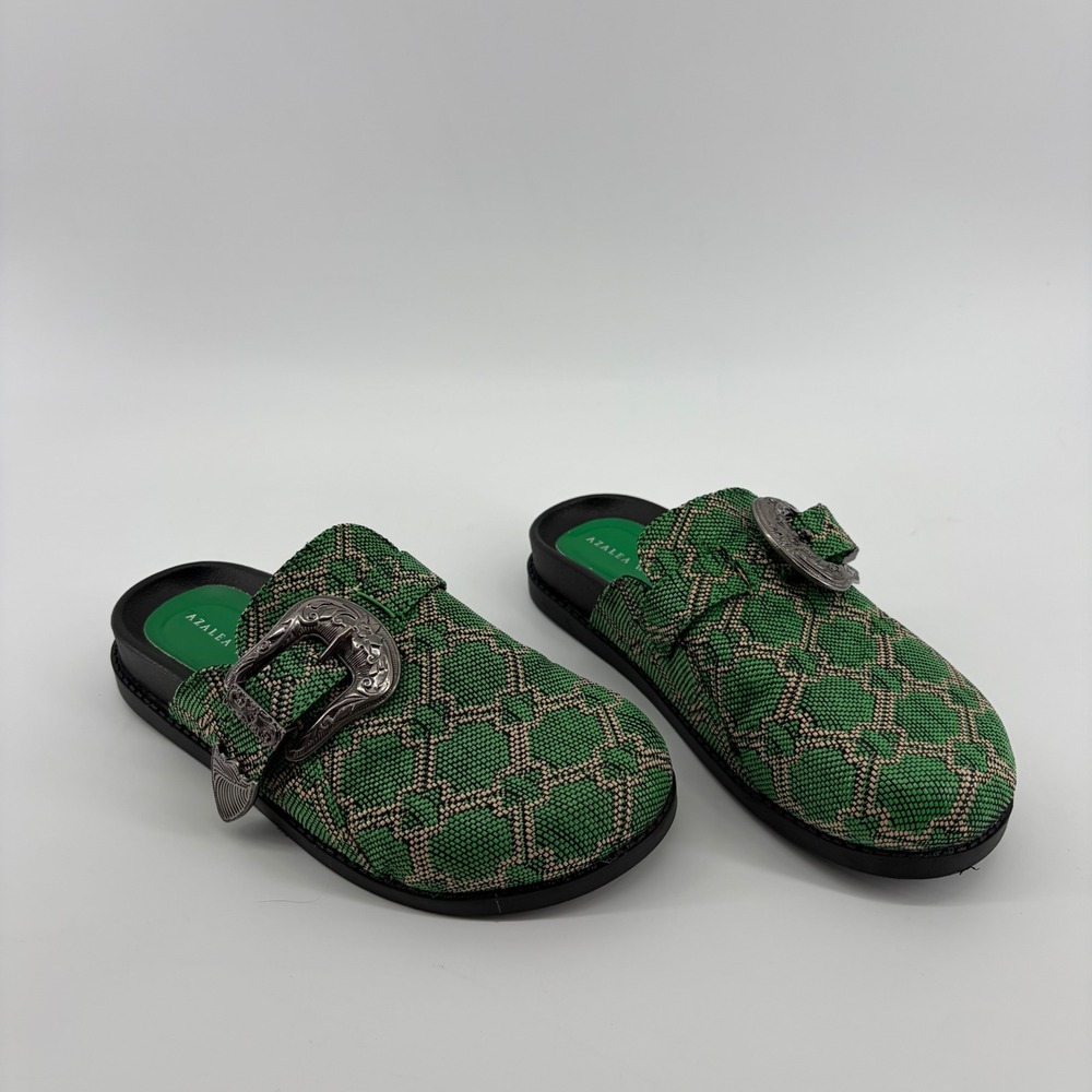 Azalea Wang Womens 7 Green Woven Mules Informer Western‎ Buckle Clogs